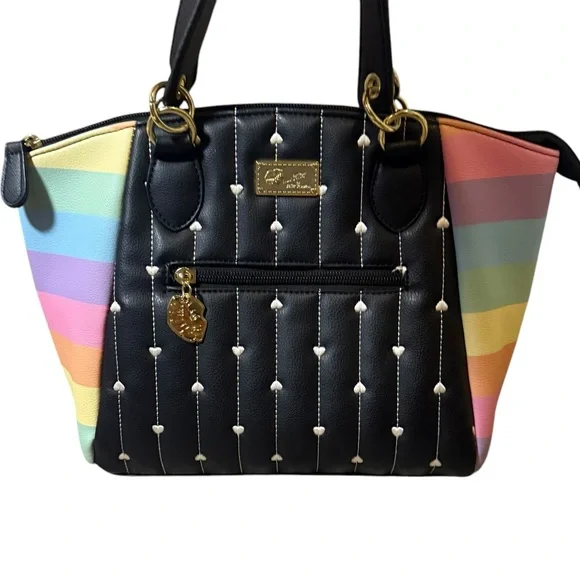 Betsy Johnson Rainbow Black Quilted Heart Satchel Handbag Purse Women’s - Picture 1 of 12
